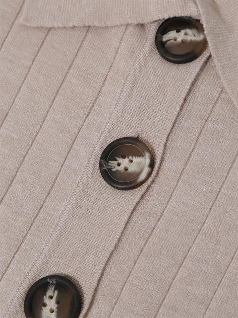 Düğmeli Yakalı Truvakar Kollu Örme Bluz - Bej