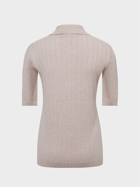 Düğmeli Yakalı Truvakar Kollu Örme Bluz - Bej