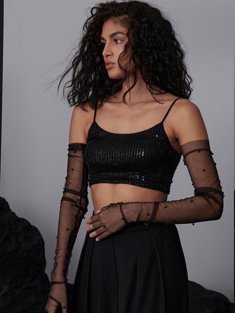 İnce Askılı Payetli Crop Bluz - Siyah