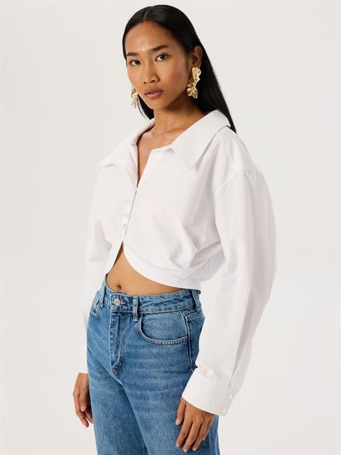 İnci Düğmeli Oversize Koton Gömlek - Beyaz