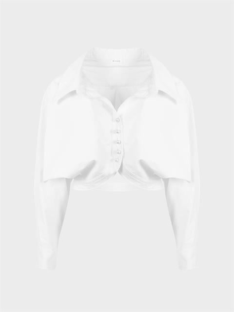 İnci Düğmeli Oversize Koton Gömlek - Beyaz