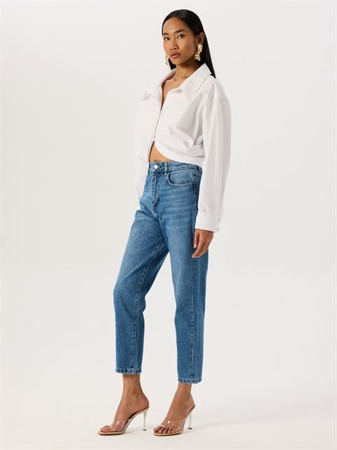 İnci Düğmeli Oversize Koton Gömlek - Beyaz