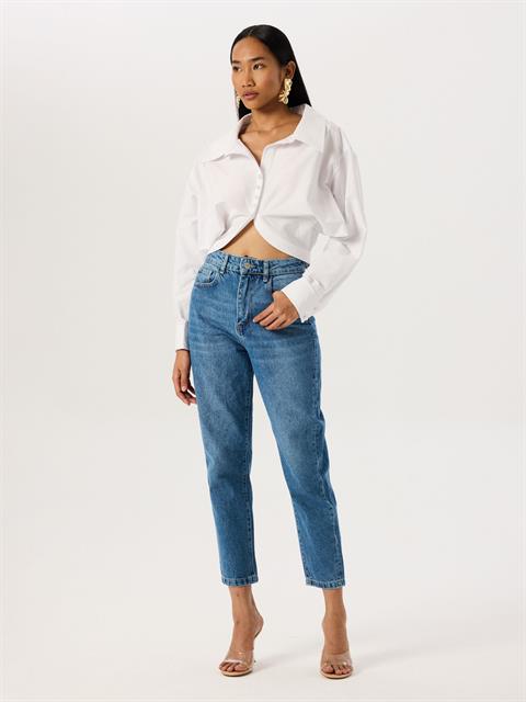 İnci Düğmeli Oversize Koton Gömlek - Beyaz