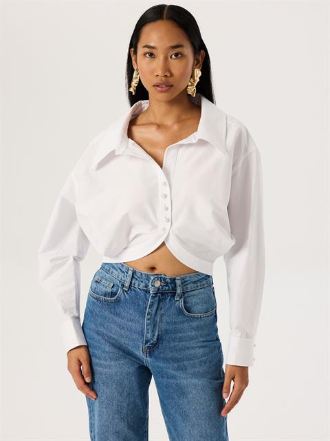 İnci Düğmeli Oversize Koton Gömlek - Beyaz