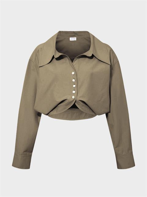 İnci Düğmeli Oversize Koton Gömlek - Haki