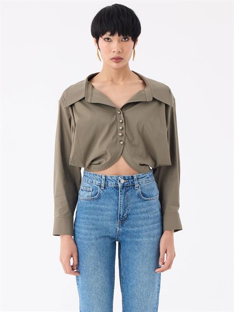 İnci Düğmeli Oversize Koton Gömlek - Haki