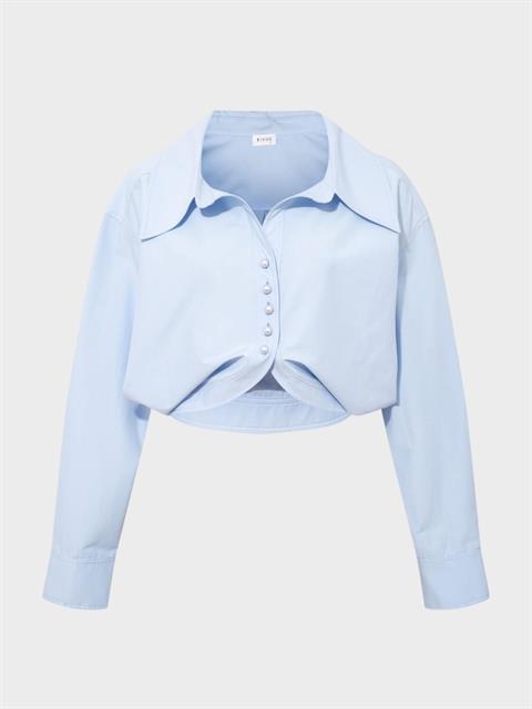 İnci Düğmeli Oversize Koton Gömlek - Mavi