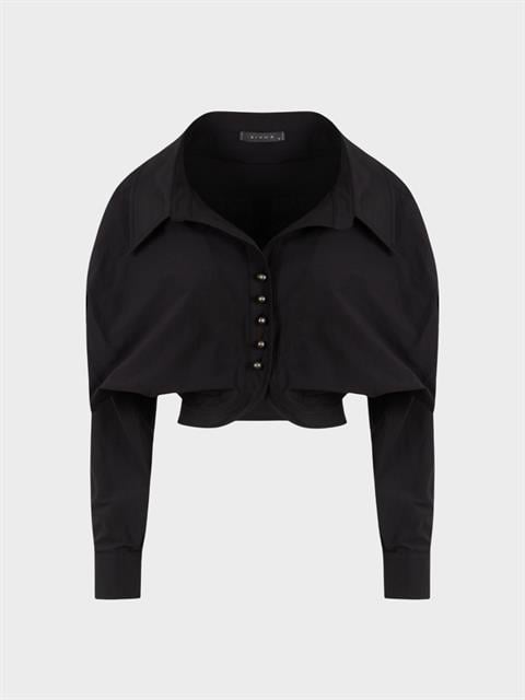 İnci Düğmeli Oversize Koton Gömlek - Siyah