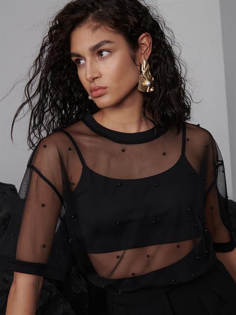 İp Askılı Yuvarlak Yakalı Crop  Body- Siyah