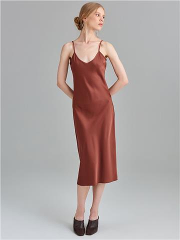 Spagetti Askılı Saten Midi Elbise - Bakır