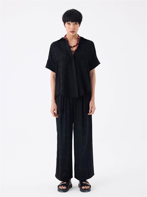 Jakarlı Kısa Kol Oversize Gömlek - Siyah