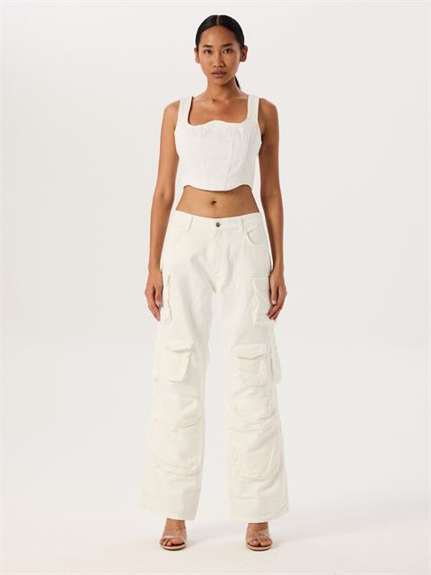 Jean Kargo Çok Cepli Pantolon - Beyaz