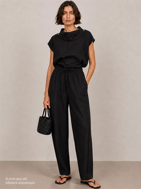 Baggy Fit Keten Pantolon - Siyah