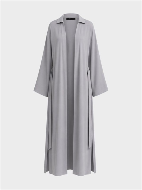 Bağlama Detaylı Maxi Boy Gömlek Yaka Kimono - Gri