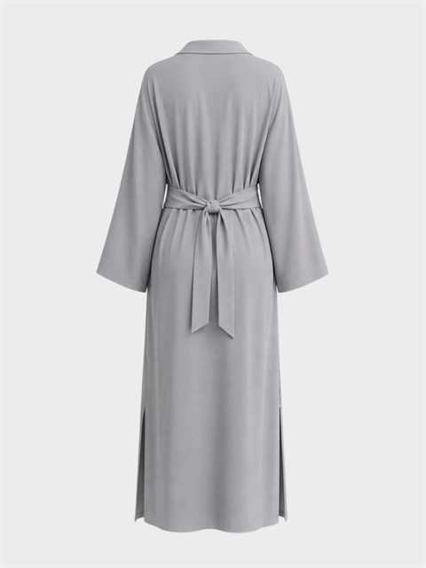 Bağlama Detaylı Maxi Boy Gömlek Yaka Kimono - Gri