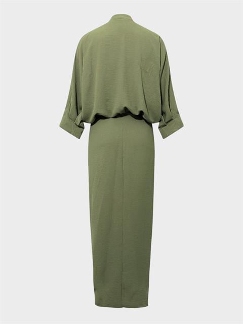 Eteği Süs Düğmeli ve Büzgülü Yırtmaçlı Elbise - Haki