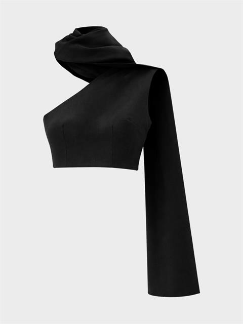 Asimetrik Şal Detaylı Crop Bluz - Siyah