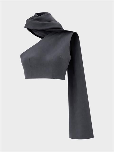 Asimetrik Şal Detaylı Crop Bluz - Gri