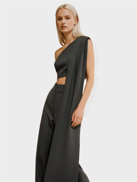 Asimetrik Şal Detaylı Crop Bluz - Gri