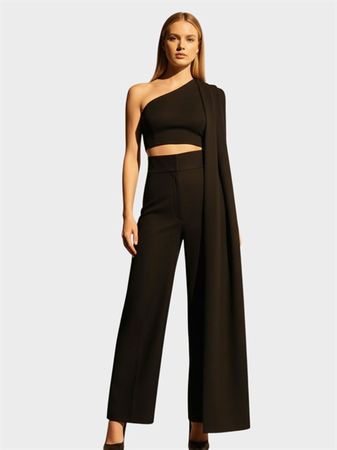 Asimetrik Şal Detaylı Crop Bluz - Siyah
