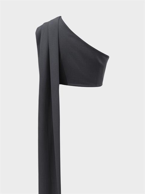 Asimetrik Şal Detaylı Crop Bluz - Gri