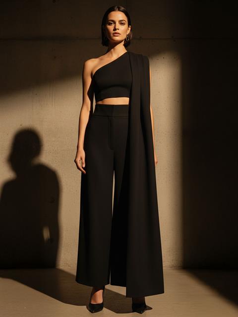 Asimetrik Şal Detaylı Crop Bluz - Siyah