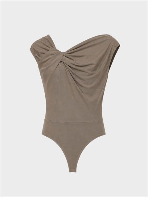 Asimetrik Yaka Detaylı Body - Vizon