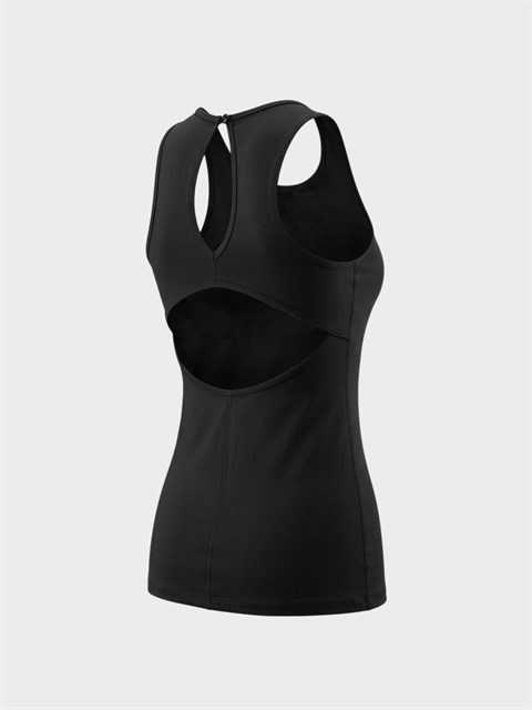 Askılı Yuvarlak Yaka Arkası Pencere Detaylı Düğmeli Fit Bluz - Siyah