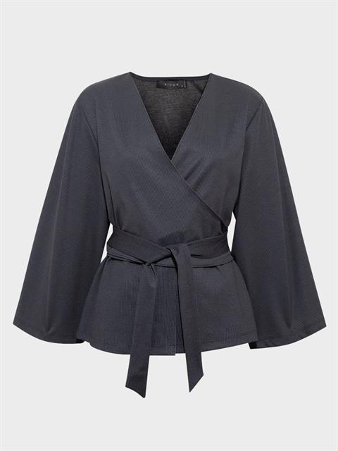 Bağlama Detaylı Kruvaze Yaka Dökümlü Bluz - Lacivert