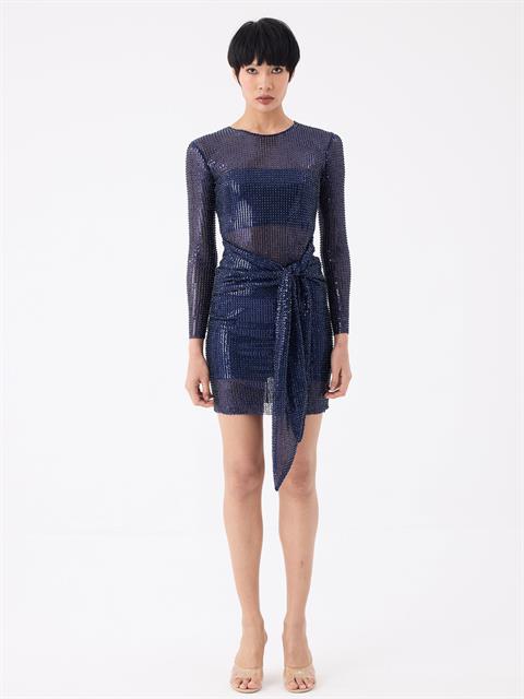 Belden Bağlama Detaylı Transparan Kısa Elbise - Lacivert