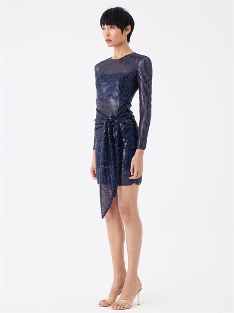 Belden Bağlama Detaylı Transparan Kısa Elbise - Lacivert