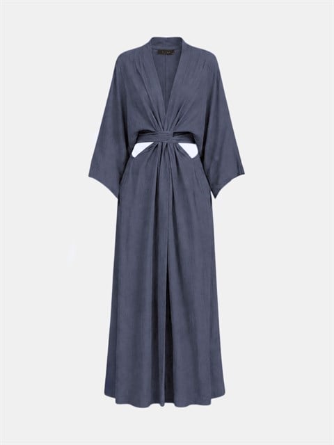 Beli Bağlama Detaylı Keten Kimono - İndigo
