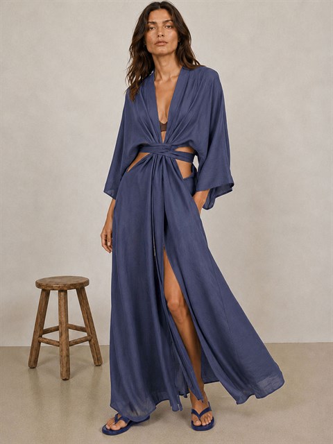 Beli Bağlama Detaylı Keten Kimono - İndigo
