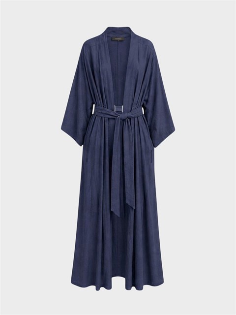 Beli Bağlama Detaylı Keten Kimono - İndigo