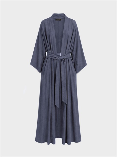 Beli Bağlama Detaylı Keten Kimono - İndigo