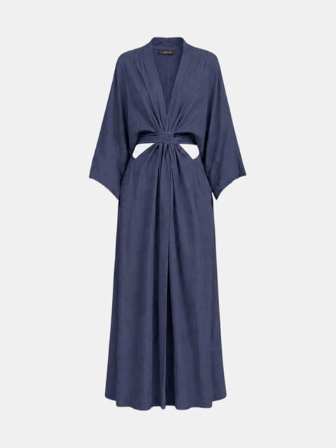 Beli Bağlama Detaylı Keten Kimono - İndigo