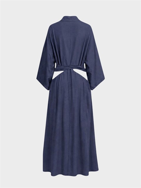 Beli Bağlama Detaylı Keten Kimono - İndigo