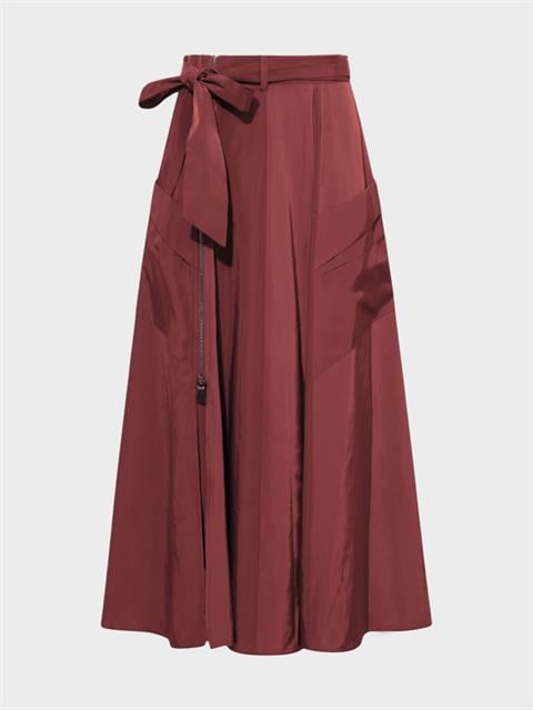 Beli Kuşaklı Fermuarlı Yırtmaç Detaylı Cepli Etek - Bordo