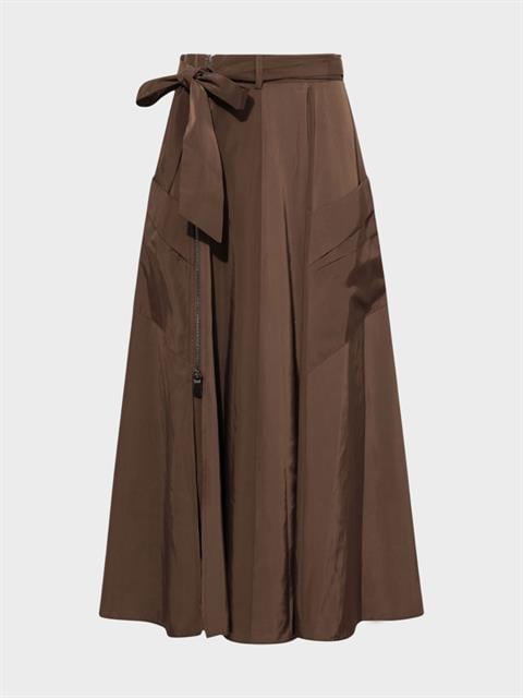 Beli Kuşaklı Fermuarlı Yırtmaç Detaylı Cepli Etek - Kahve