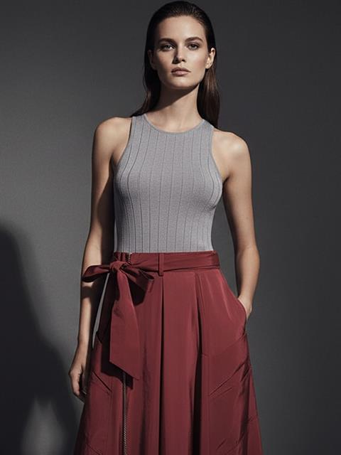 Beli Kuşaklı Fermuarlı Yırtmaç Detaylı Cepli Etek - Bordo