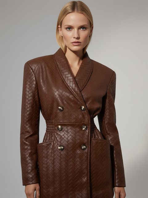 Beli Oturtmalı ve Düğmeli Vegan Örgü Deri Ceket - Kahve