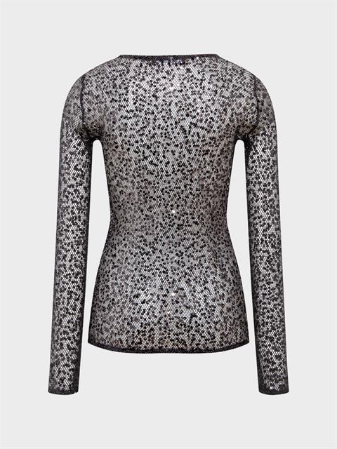 Bisiklet Yaka Payetli File Kumaş Uzun Kollu Body Bluz - Siyah