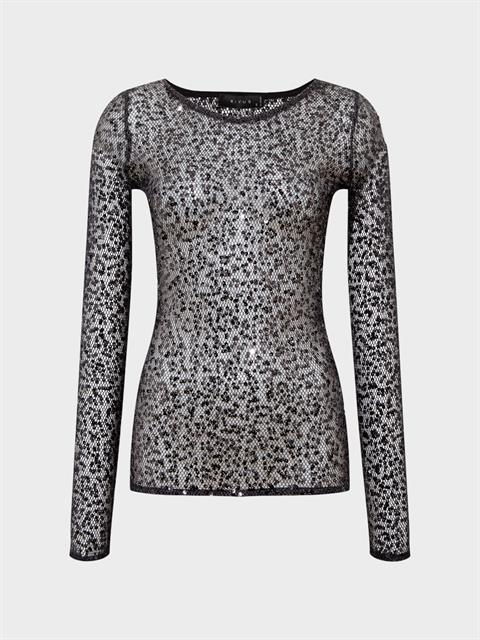 Bisiklet Yaka Payetli File Kumaş Uzun Kollu Body Bluz - Siyah