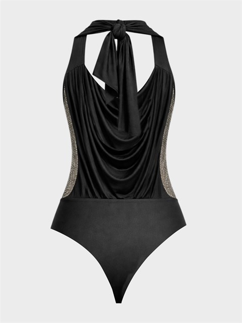 Boyundan Bağlamalı Sırtı Açık ve Önü Taşlı Alttan Çıtçıtlı Body - Siyah
