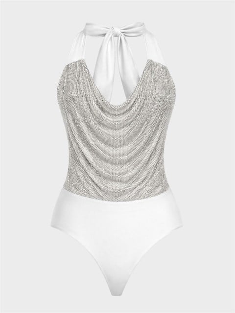 Boyundan Bağlamalı Sırtı Açık ve Önü Taşlı Alttan Çıtçıtlı Body - Ekru