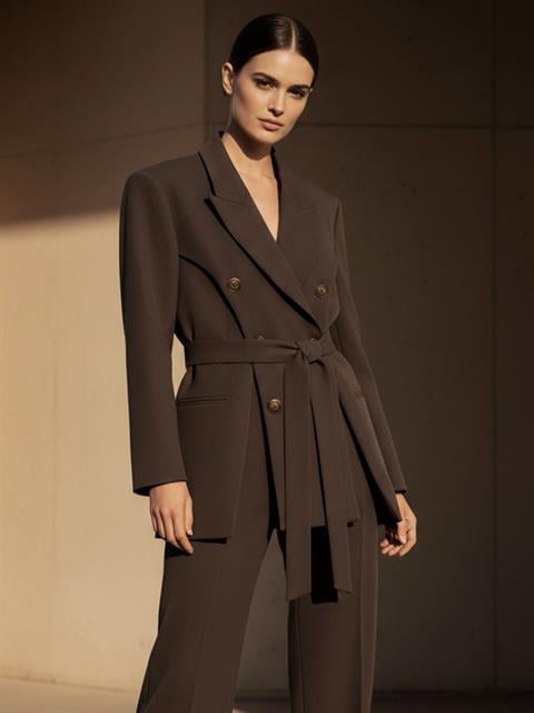 Çift Düğmeli ve Önü Yırtmaç Detaylı Blazer Ceket - Kahve