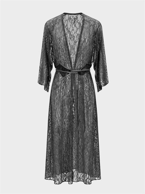Dantel Beli Kesik Detaylı Kollu Kimono - Siyah