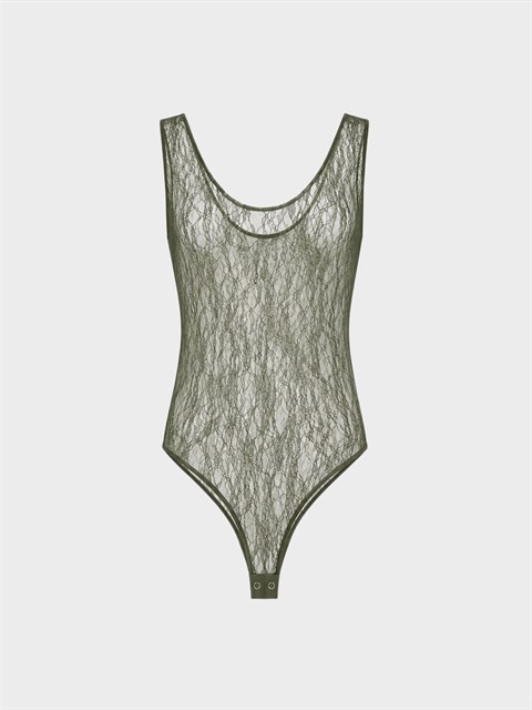 Dantel Bisiklet Yaka Alttan Çıtçıtlı Body - Haki