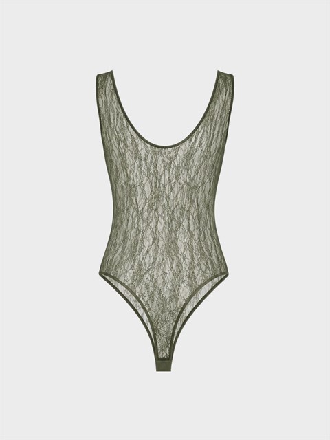 Dantel Bisiklet Yaka Alttan Çıtçıtlı Body - Haki