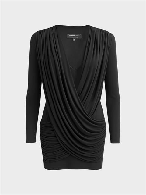 Drape Detaylı Uzun Kollu V Yaka Mini Elbise - Siyah